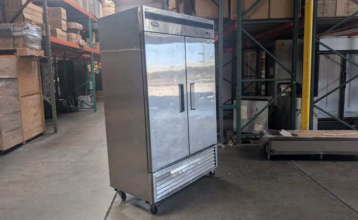 Stainless steel two-door commercial freezer available for rental
